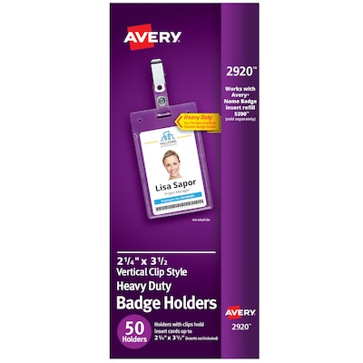 Avery Secure Top Heavy Duty Clip Style Name Badge Holders, 3 1/2 x 2 1/4, Clear Portrait Holders,