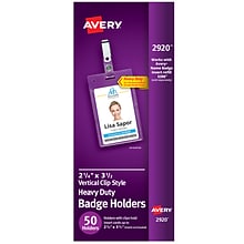 Avery Secure Top Heavy Duty Clip Style Name Badge Holders, 3 1/2 x 2 1/4, Clear Portrait Holders,