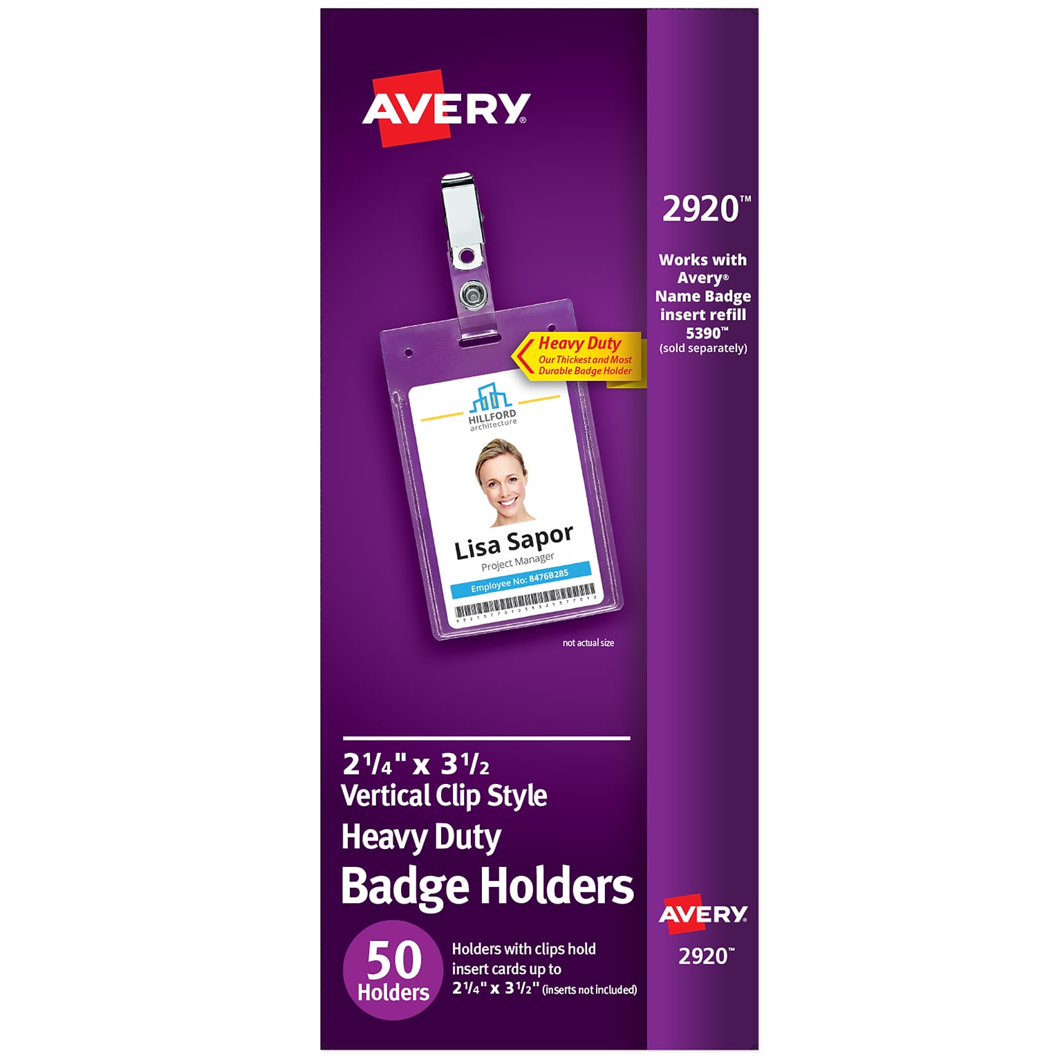 Avery Secure Top Heavy Duty Clip Style Name Badge Holders, 3 1/2 x 2 1/4, Clear Portrait Holders, 50/Box (2920)