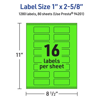 Avery Rectangle Multipurpose Labels, 1" x 2-5/8", Neon Green, 1280/Box (94201)