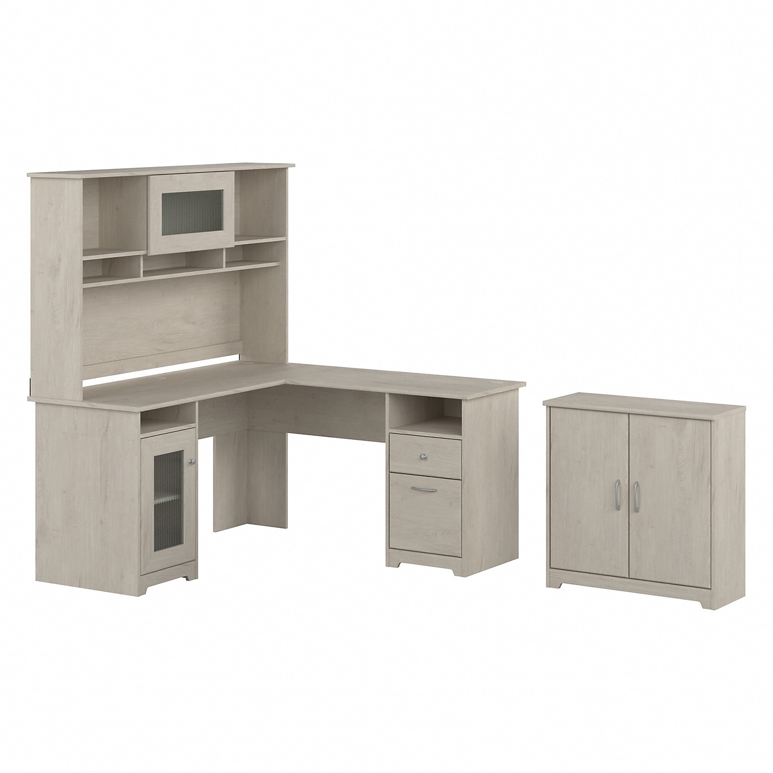 Bush Furniture Cabot 60 L-Shaped Desk with Hutch and Small Storage Cabinet, Linen White Oak (CAB016LW)