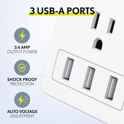 Overtime Wall Outlet Shelf, 8 Outlets and 3 USB Ports, Surge Protector, White (OTWP8O3USB)