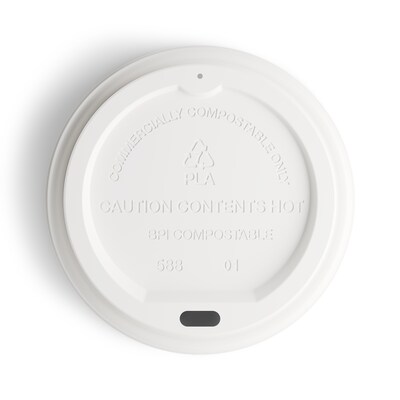 Perk™ Eco Compostable Plastic Hot Cup Lid, 10/12/16 Oz., White, 50/Pack (PK56218)