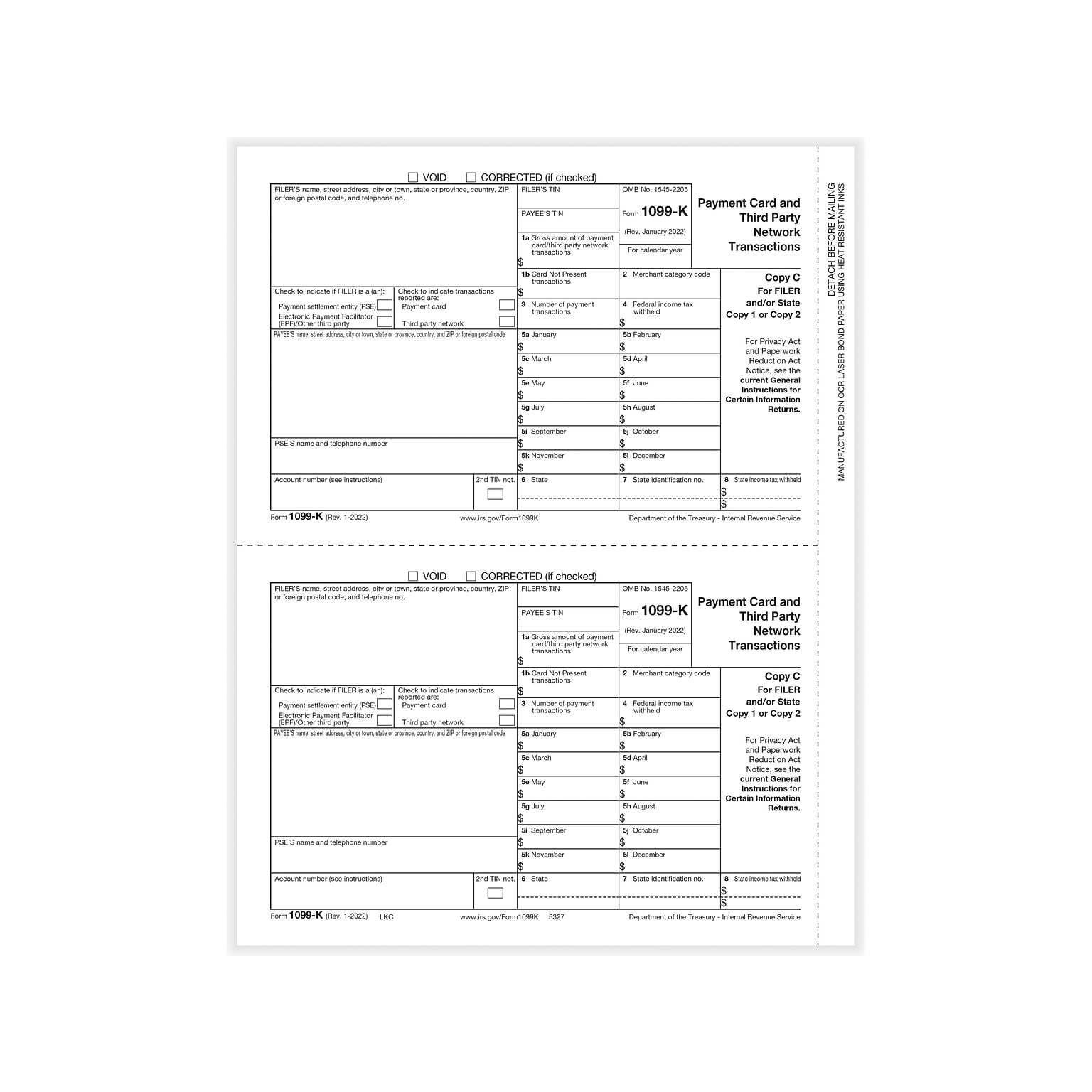 ComplyRight 2022 1099-K Tax Form, 2-Part, 2-Up, Copy C, 100/Pack (5327)