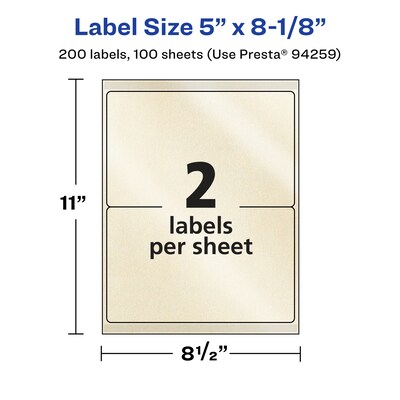 Avery Pearlized Ivory Rectangle Multipurpose Labels, 5" x 8-1/8", Ivory, 200/Box (94259)