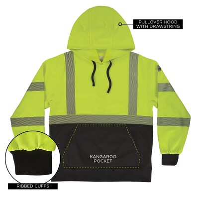 Ergodyne GloWear 8317BK High Visibility Long Sleeve Black Bottom Hooded Sweatshirt, ANSI Type R Class 3, Lime, X-Large (22975)