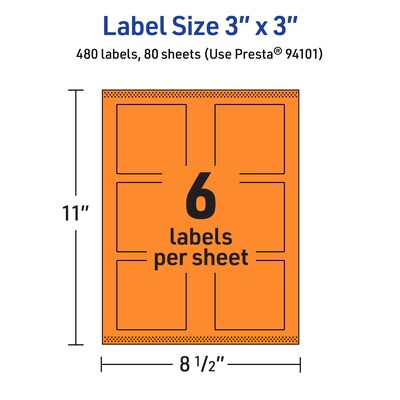Avery Laser/Inkjet Multipurpose Square Labels, 3" x 3", Bright Orange, 480/Box (94101)