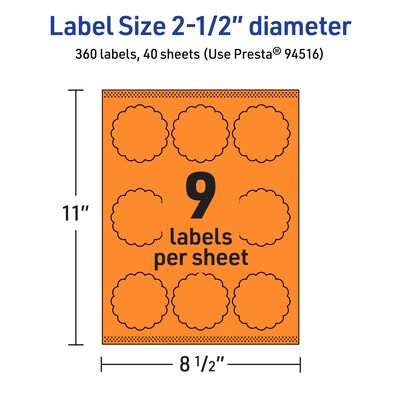 Avery Decorative Edge Multipurpose Labels, 2.5" Dia., Bright Orange, 360/Pack (94516)