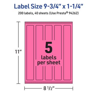 Avery Laser/Inkjet Rectangle Multipurpose Labels, 9.75" x 1.25", Bright Pink, 200/Pack (94262)
