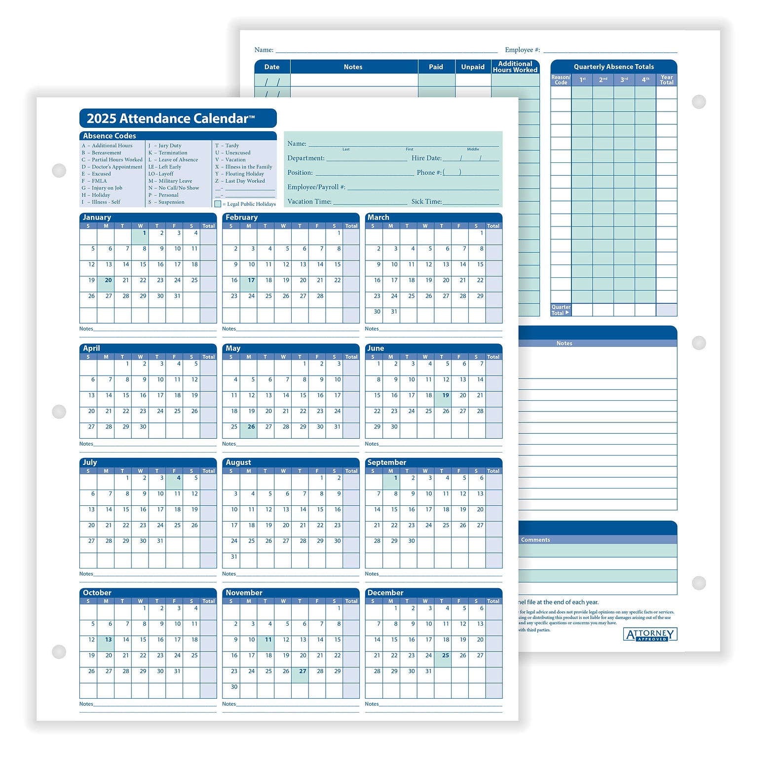ComplyRight 2025 Attendance Calendar Card, 50 Forms/Pack (A4000W50)