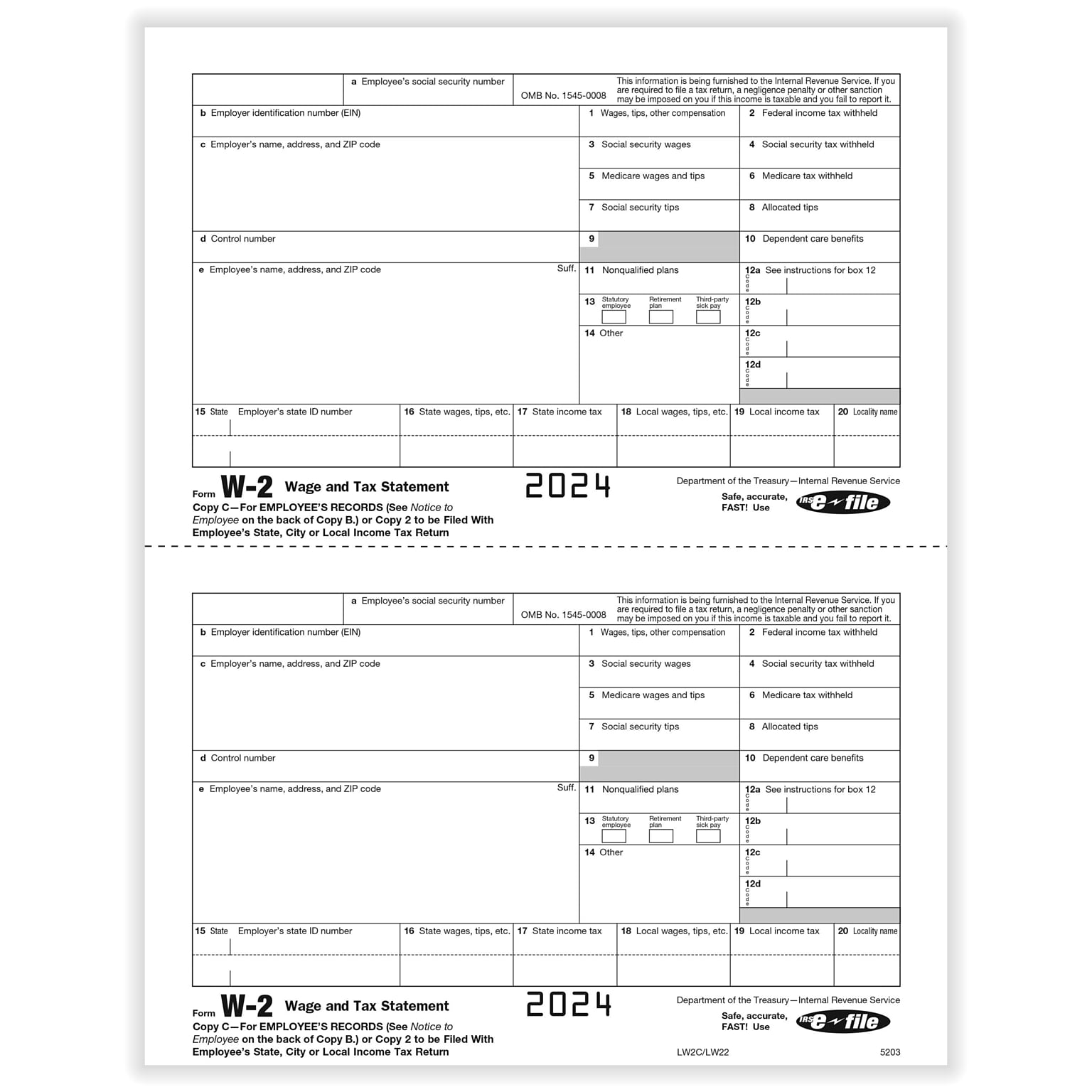 ComplyRight 2024 W-2 Tax Form, 2-Part, 2-Up, Employee Copy C, 50/Pack (520350)