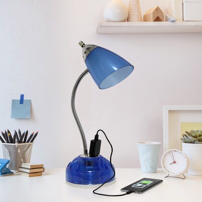 Creekwood Home Sleek Essentials 19.5" Basic Swivel Desk Lamp with Charging Outlet and Storage, Clear Blue (CWD-1003-CB)