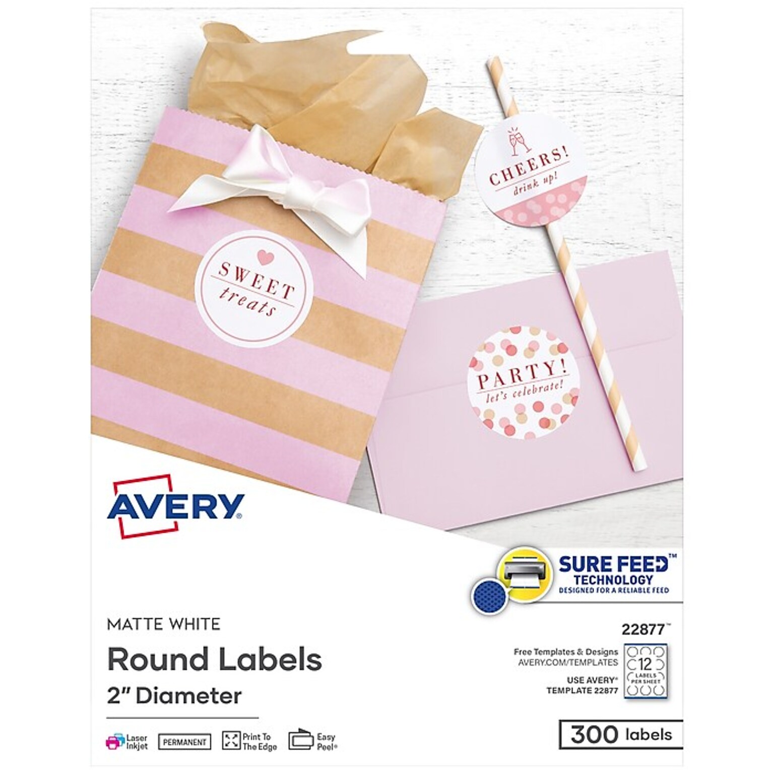Avery Laser/Inkjet Permanent Round Labels, 2 Diameter, Matte White, 300 Labels Per Pack (22877)