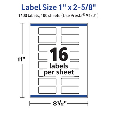 Avery TrueBlock Laser/Inkjet Rectangle Multipurpose Labels, 1" x 2-5/8", White, 1600/Box (94201)