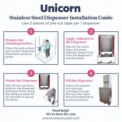 Unicorn Pads and Tampons Sanitary Dispenser, Surface Mounted, 12" x 4", Silver Steel (TOP-08623)