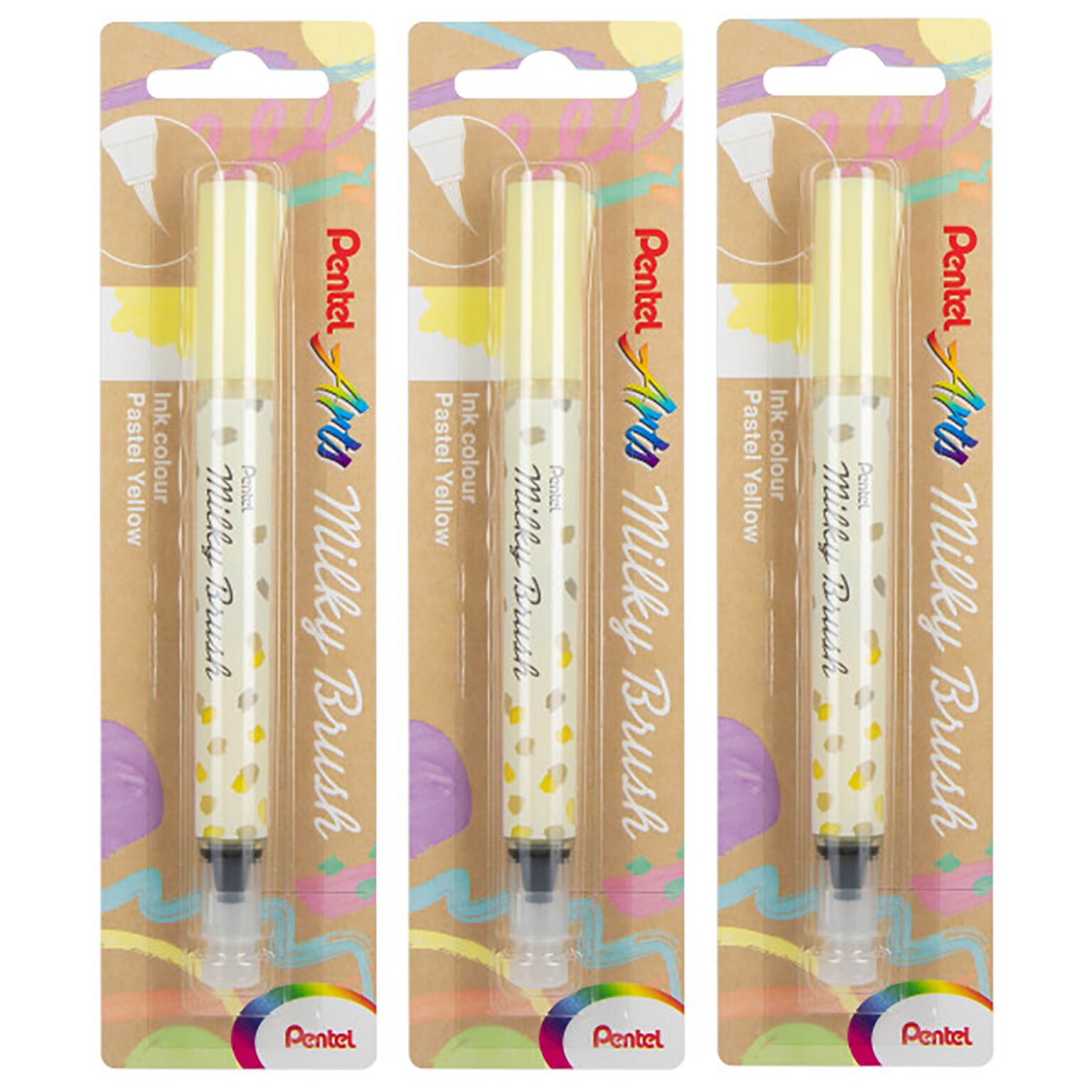 Pentel Milky Brush, Yellow Ink, 3/Bundle (PTAXGFHBPPGX-3)