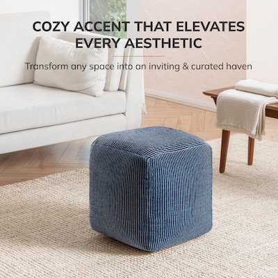 Anji Mountain Madison Ivory Sailor Blue Fabric Square Pouf Ottoman (AMBPF102-1818)