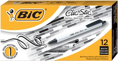 BIC Clic Stic Retractable Ballpoint Pens, Medium Point, Black Ink, Dozen (90433/CSM11BK)