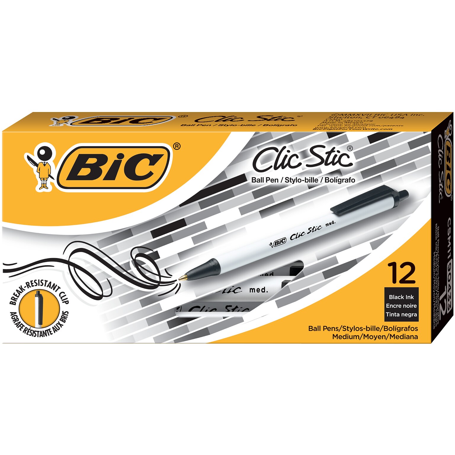 BIC Clic Stic Retractable Ballpoint Pens, Medium Point, Black Ink, Dozen (90433/CSM11BK)