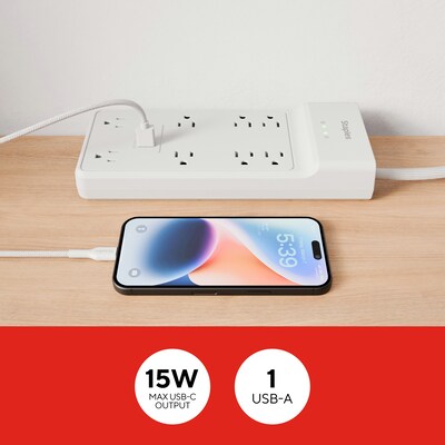 Staples TECH 8-Outlet 2-USB Port Surge Protector, 6', 2100 Joules, White (ST62775)