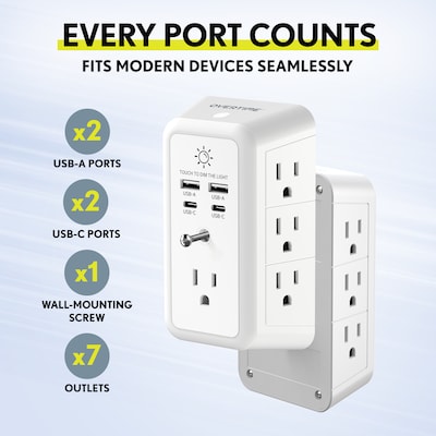 Overtime S90 11-in-1 Wall Outlet Extender Surge Protector with 7 AC Outlets and 4 USB Ports, White (OTWP7OS90)