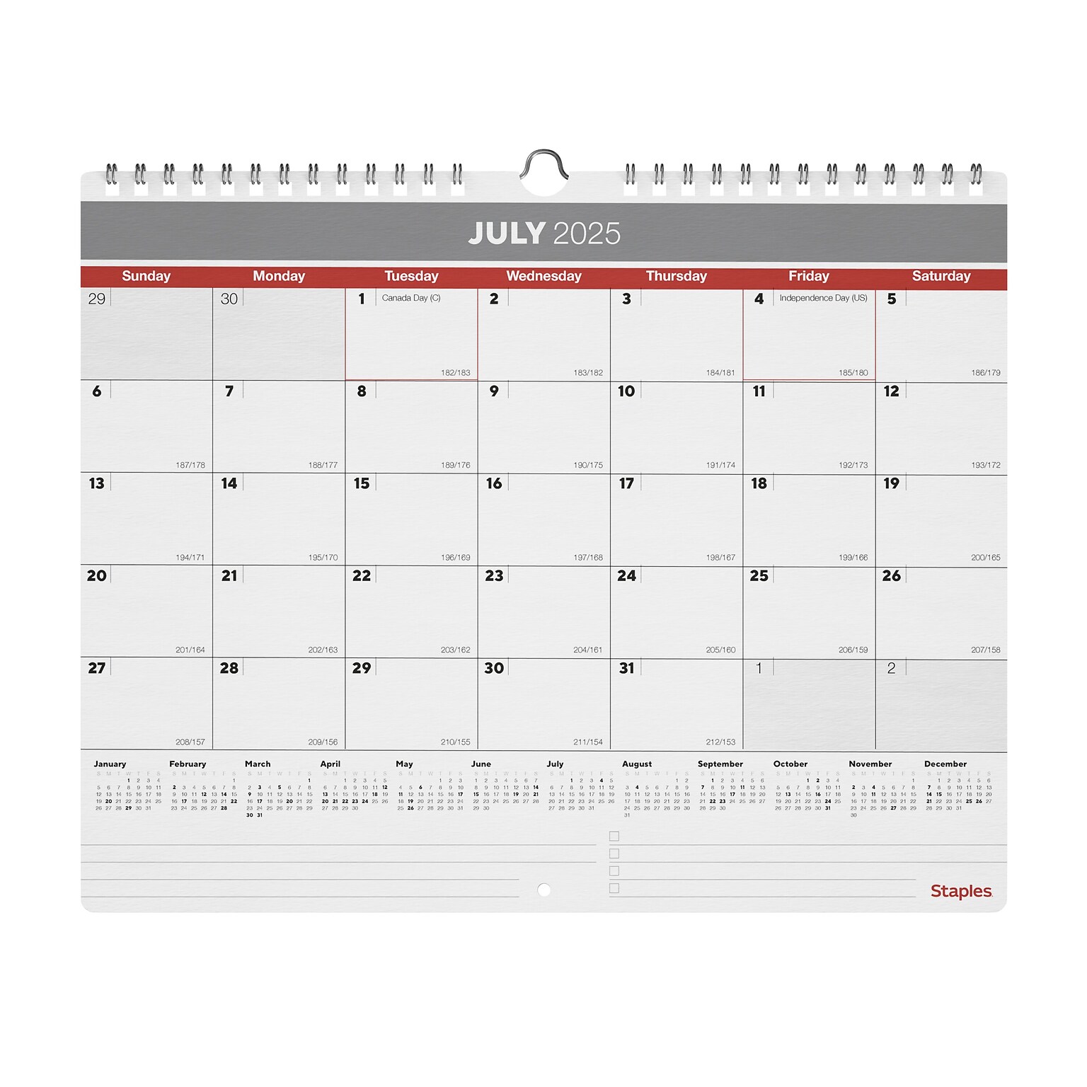 2025-2026 Staples 15 x 12 Academic Monthly Calendar, Gray/Red (ST62816-25)