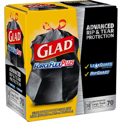 Glad ForceFlexPlus 30 Gallon Trash Bag, 5.31" x 10.06", Low Density, 0.90 mil, Black (70358)