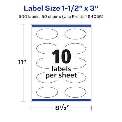 Avery Laser/Inkjet Oval  Waterproof Multipurpose Labels, 3"  Dia, White, 500/Box (94055)