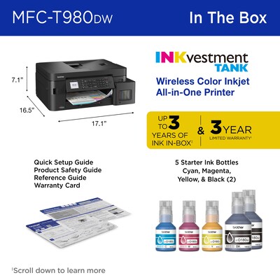Brother INKvestment Tank MFC-T980DW Wireless Color All-In-One Supertank Inkjet Printer, Best for Home Office
