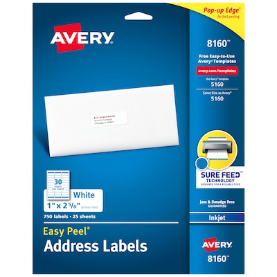 Avery Easy Peel Inkjet Address Labels, 1 x 2-5/8, White, 750 Labels/Pack (8160)