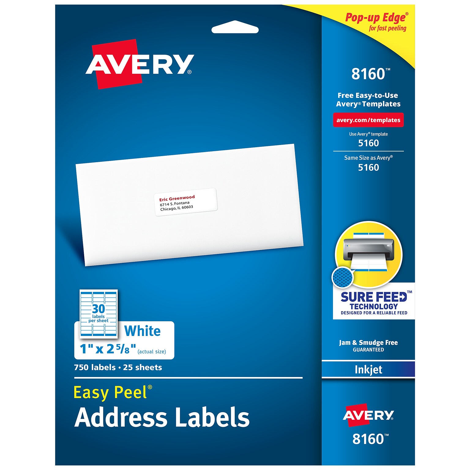 Avery Easy Peel Inkjet Address Labels, 1 x 2-5/8, White, 750 Labels/Pack (8160)