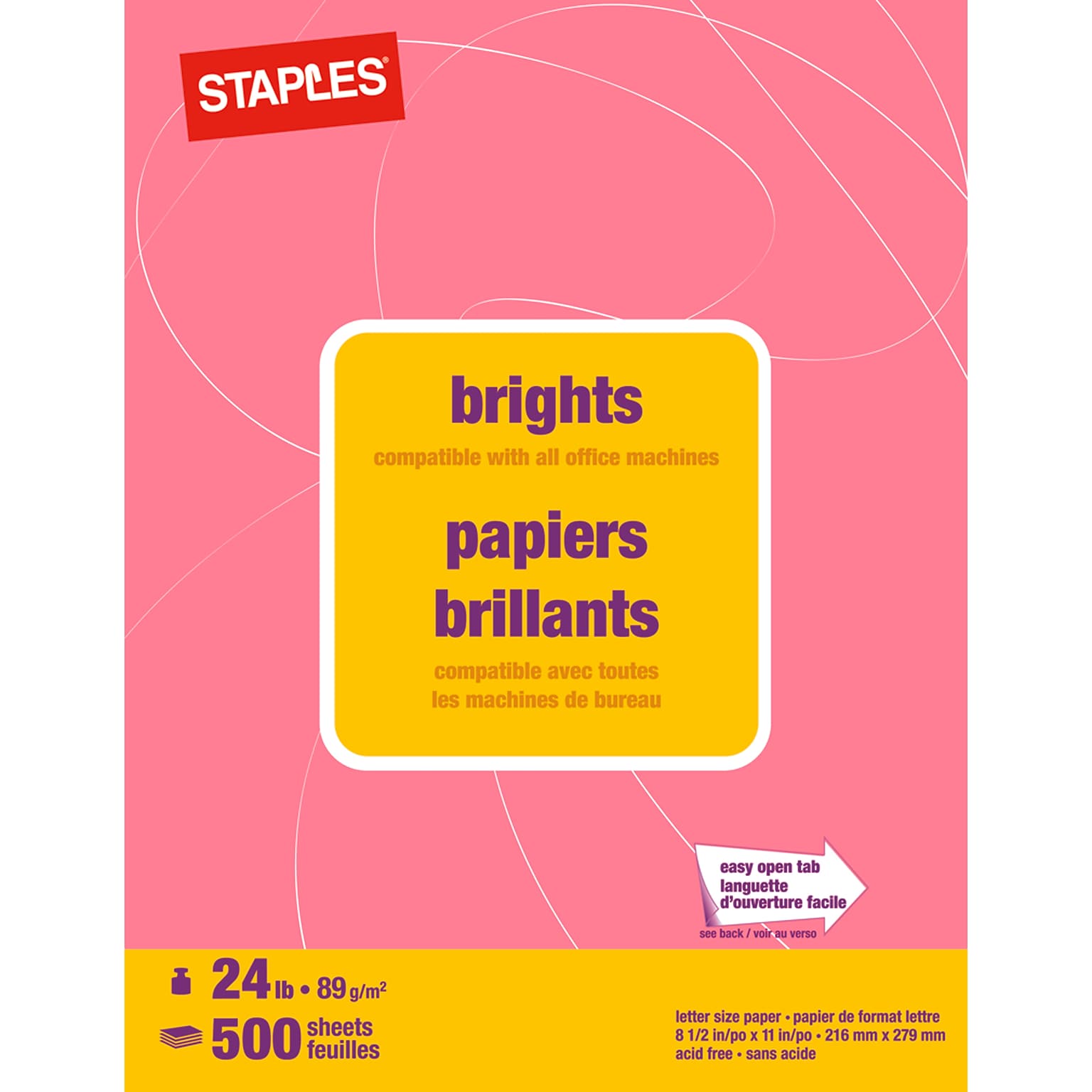 Staples Brights Multipurpose Paper, 24 lbs., 8.5 x 11, Pink, 500/Ream (20106)