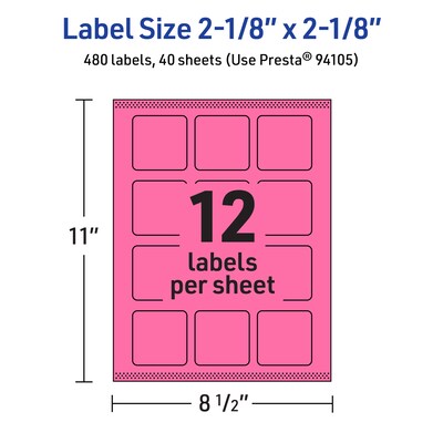 Avery Square Laser/Inkjet Multipurpose Labels, 2-1/8" x 2-1/8", Bright Pink (480/Box)