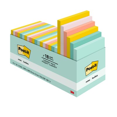 Post-it® Notes, 3" x 3", Beachside Café Collection, 100 Sheets/Pad, 18 Pads/Cabinet Pack (654-18APCP)