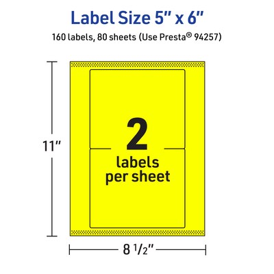 Avery Laser/Inkjet Multipurpose Rectangle Labels, 5" x 6", Neon Yellow, 160/Box (94257)