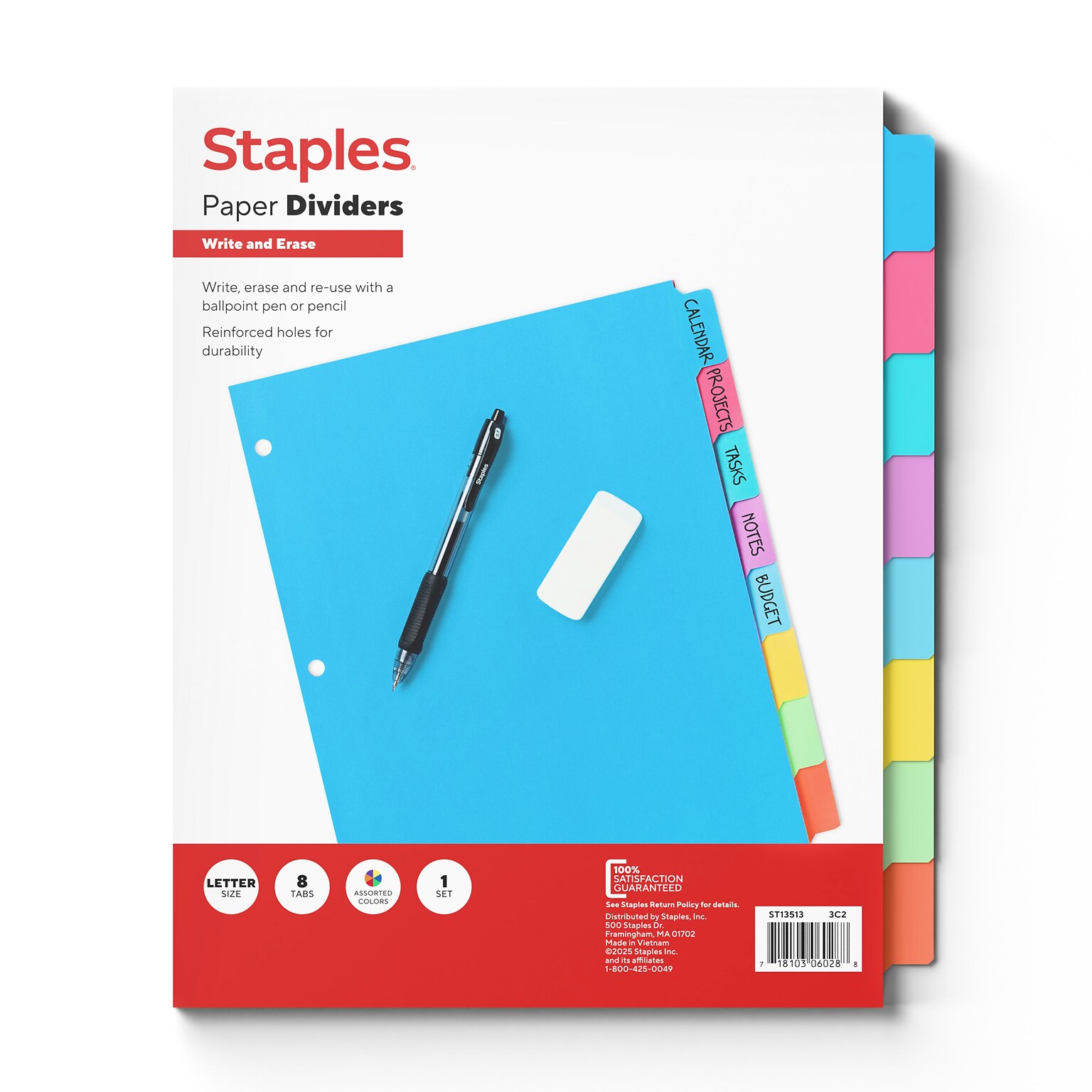 Staples Write & Erase Paper Dividers, Assorted Colors, 8-Tabs (13513/23181)