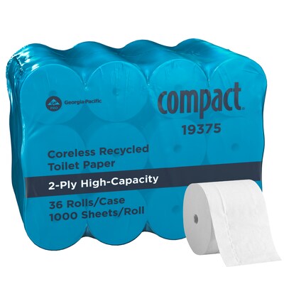 Compact Recycled Coreless Toilet Paper, 2-Ply, White, 1000 Sheets/Roll, 36 Rolls/Carton (19375)