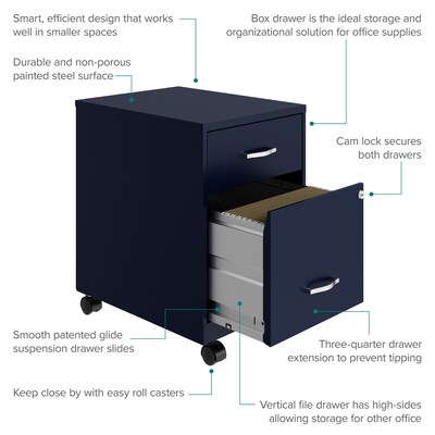 Space Solutions 18" 2-Drawer Mobile Verticle File Cabinet with Accessory Drawer, Letter Width, Navy (25936)