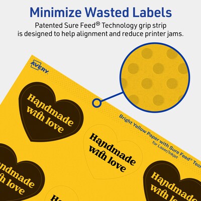 Avery Laser/Inkjet Heart Multipurpose Labels, 2-9/32" x 1-27/32", Bright Yellow, 240/Pack (94603)
