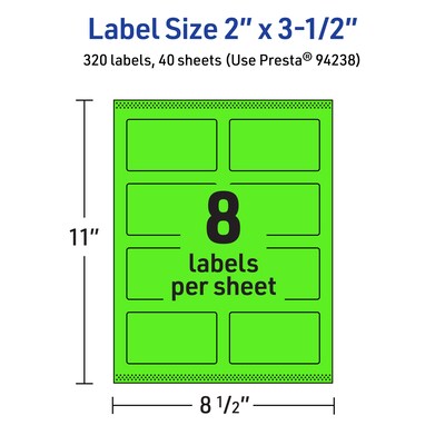 Avery Laser/Inkjet Multipurpose Rectangle Labels, 2" x 3.5", Neon Green, 320/Pack (94238)