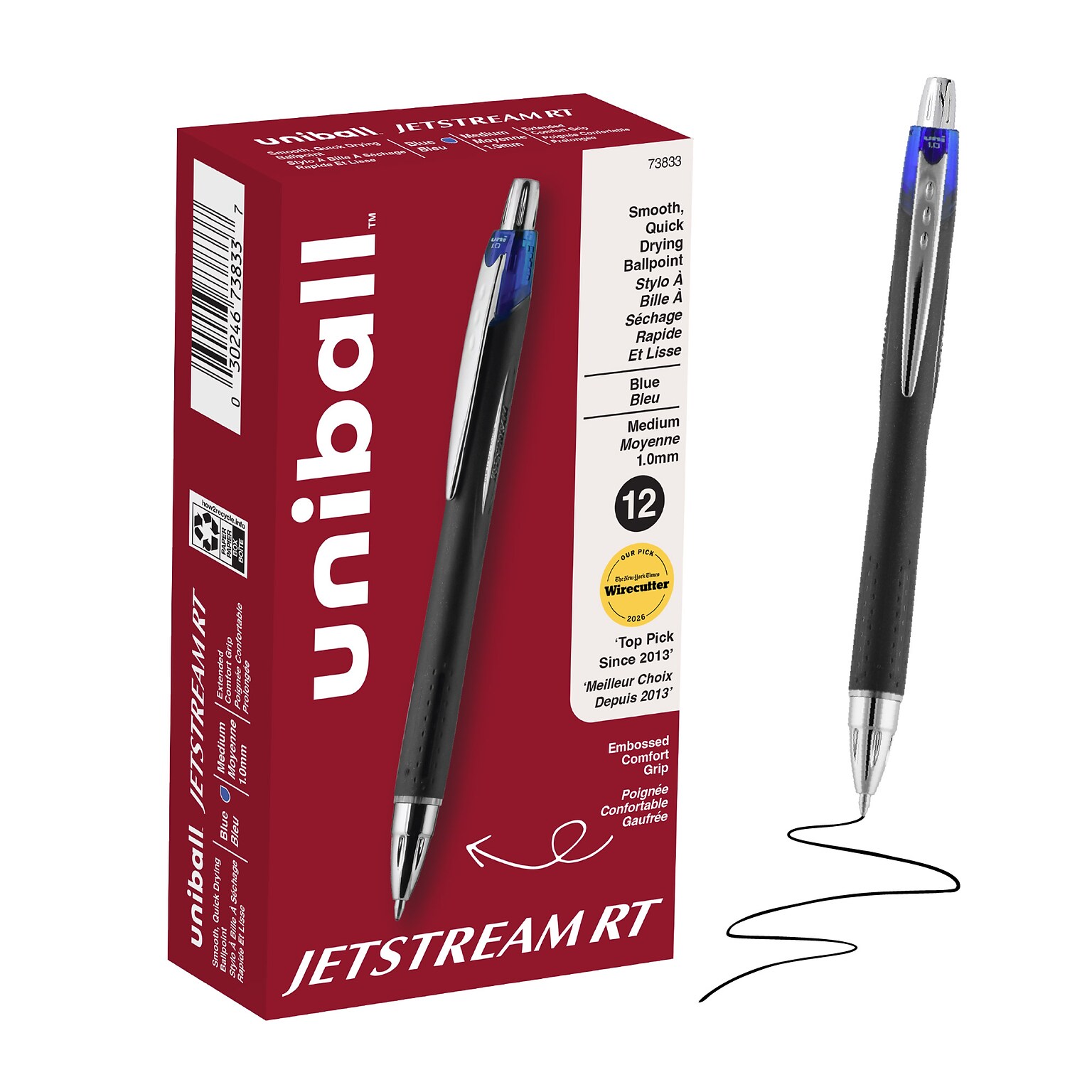 uni Jetstream RT Retractable Ballpoint Pen, Medium Point, 1.0mm, Blue Ink, Dozen (73833)