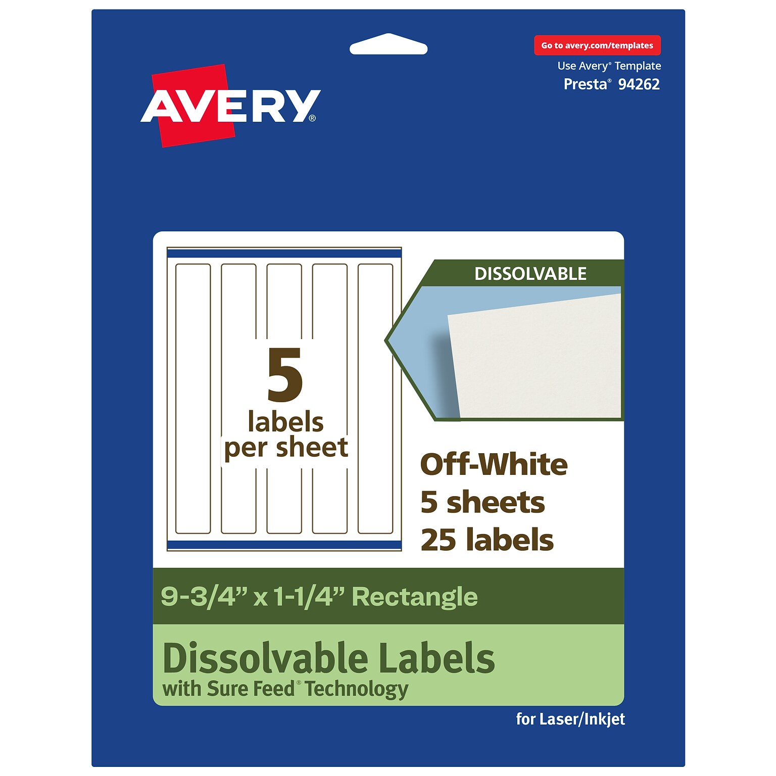 Avery Dissolvable Rectangle Multipurpose Labels, 9.75 x 1.25, Off-white, 25/Pack (94262)