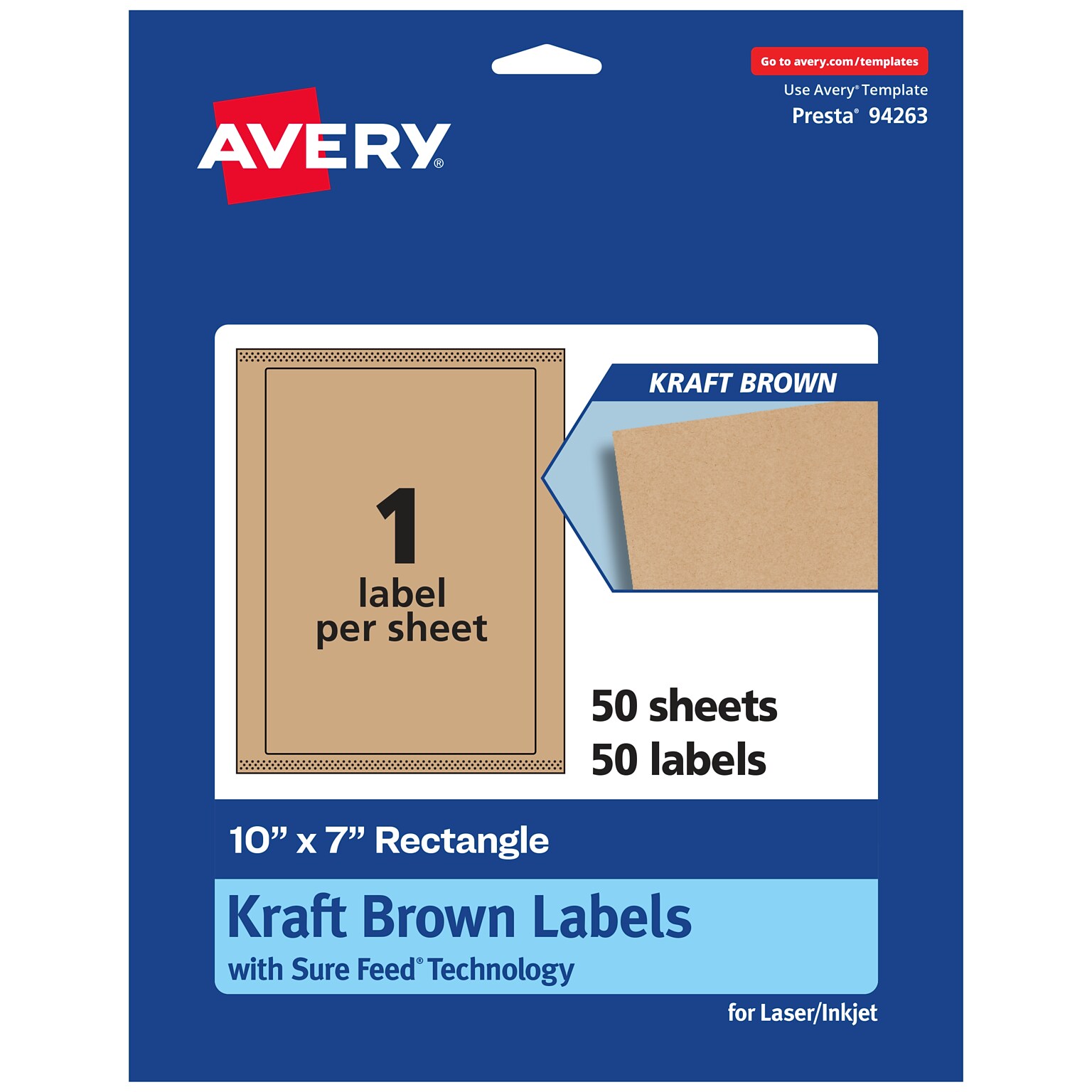 Avery Laser/Inkjet Rectangle Multipurpose Labels, 10 x 7, Kraft Brown, 50 Labels/Box ( 94263)