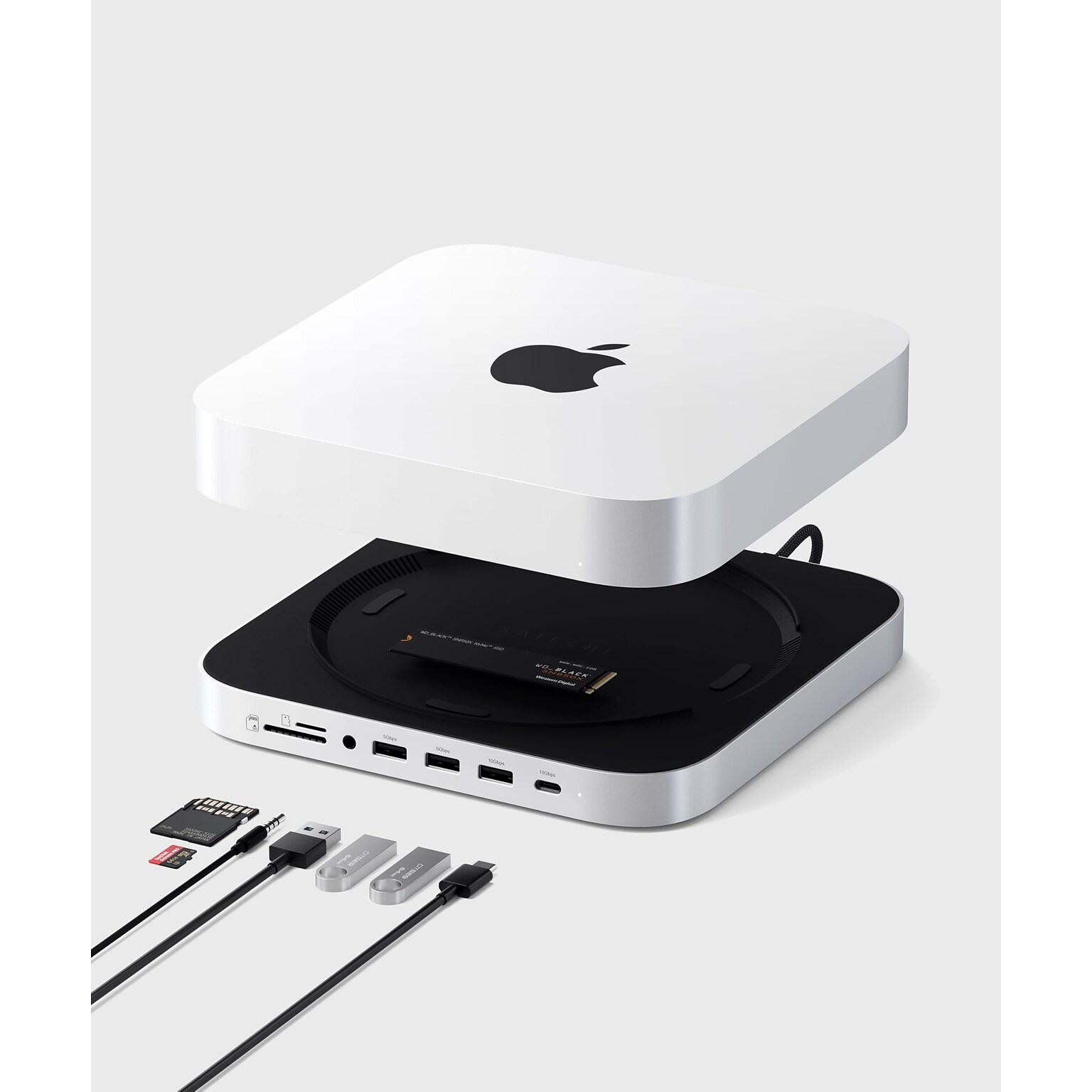 Mac Mini Stand & Hub with NVMe SSD Enclosure - Silver
