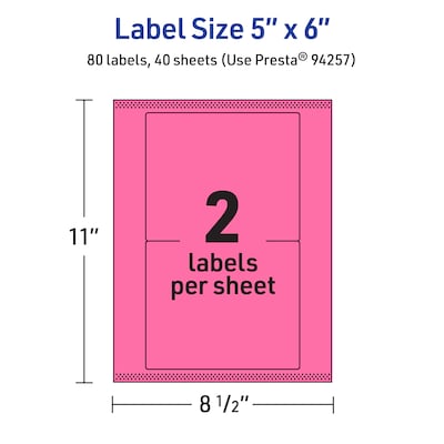 Avery Rectangle Laser/Inkjet Multipurpose Labels, 5" x 6", Bright Pink (80/Box)