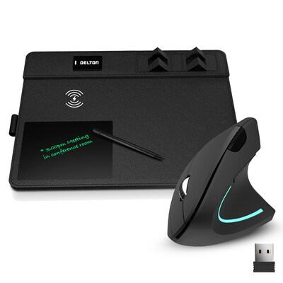 Delton S12/D101 Ergonomic Vertical Wireless Mouse and 15W Wireless Charging Mouse Pad Bundle, Black (DMWS12BD1)