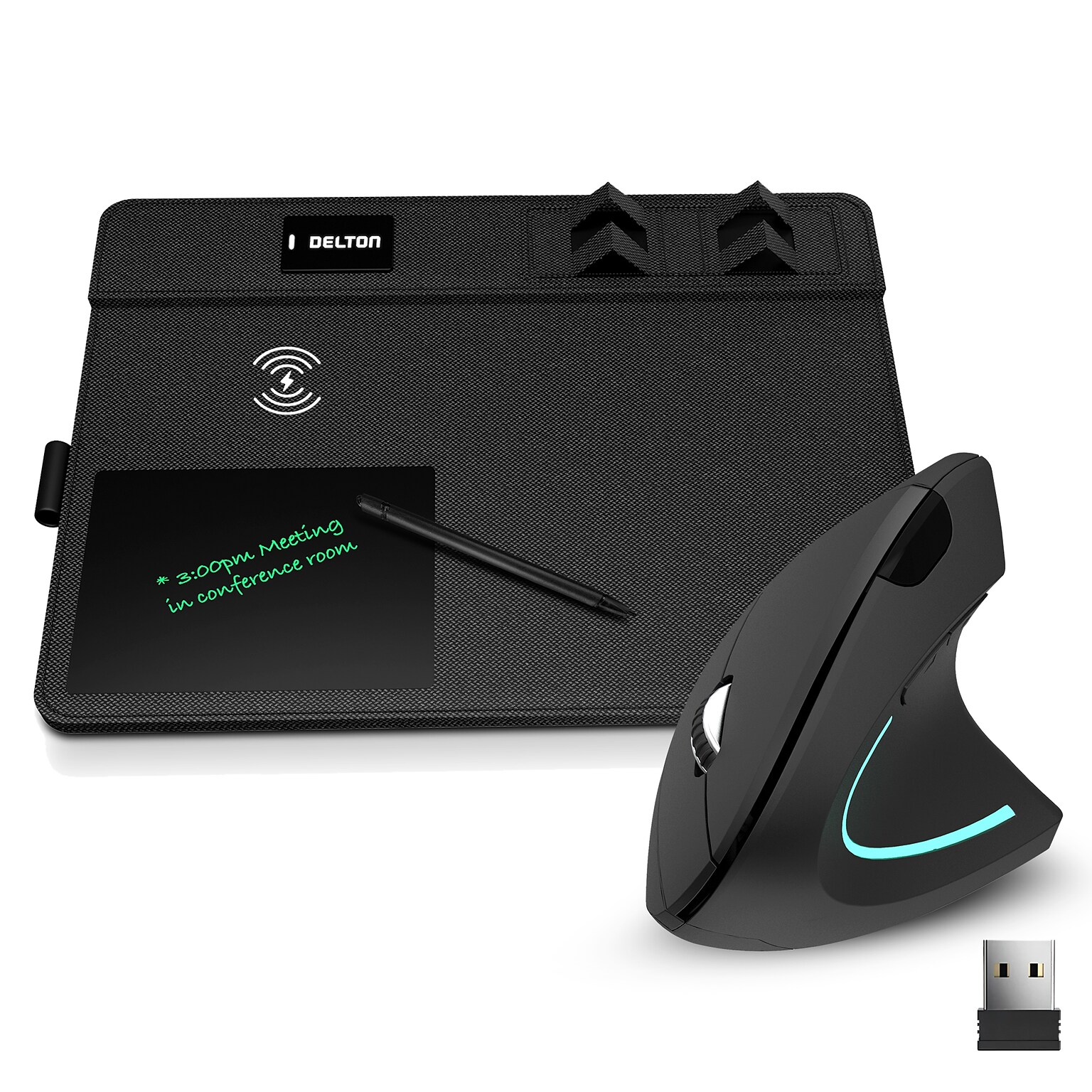 Delton S12/D101 Ergonomic Vertical Wireless Mouse and 15W Wireless Charging Mouse Pad Bundle, Black (DMWS12BD1)