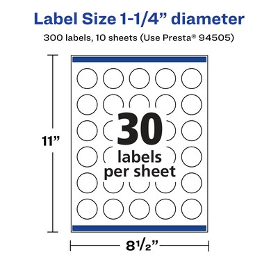 Avery Laser/Inkjet Round Multipurpose Labels, 1.25" Dia., 300 Labels/Pack (94505)