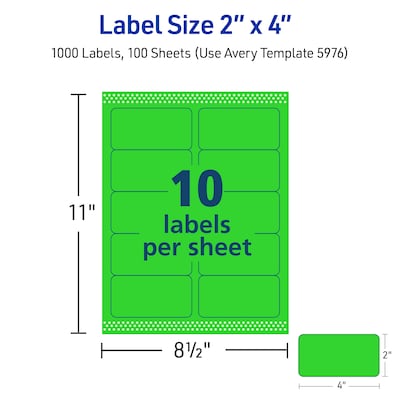 Avery Sure Feed Laser Shipping Labels, 2"x 4", Neon Green, 10 Labels/Sheet, 100 Sheets/Box (5976)