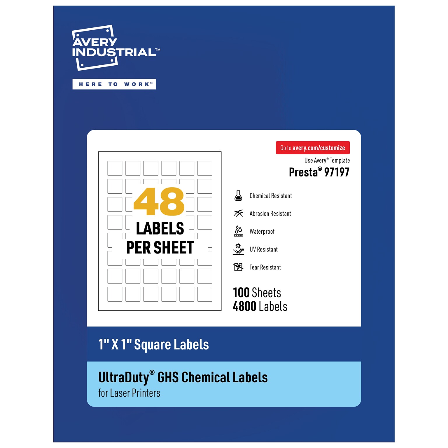 Avery UltraDuty Laser Square Multipurpose Labels, 1 x 1, White, 4800 Labels/Box ( 97197)